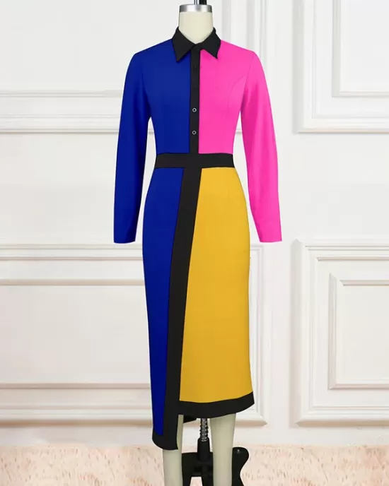 Asymmetric Buttoned Contrast Color Split-back High Waisted Long Sleeves Lapel Midi Dresses