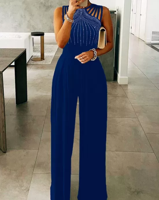 Hollow Rhinestone Sleeveless Wide Leg Jumpsuits