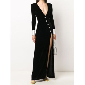 Asymmetric Buttoned Shoulder Pad Split-Front Long Sleeves Skinny Deep V-Neck Maxi Dresses