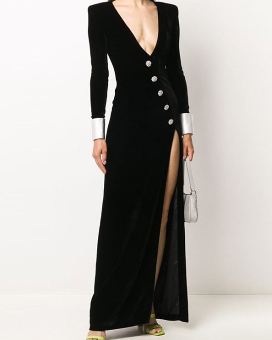 Asymmetric Buttoned Shoulder Pad Split-Front Long Sleeves Skinny Deep V-Neck Maxi Dresses