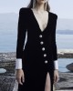 Asymmetric Buttoned Shoulder Pad Split-Front Long Sleeves Skinny Deep V-Neck Maxi Dresses