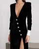 Asymmetric Buttoned Shoulder Pad Split-Front Long Sleeves Skinny Deep V-Neck Maxi Dresses