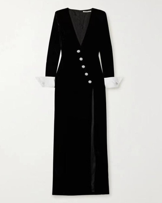 Asymmetric Buttoned Shoulder Pad Split-Front Long Sleeves Skinny Deep V-Neck Maxi Dresses