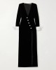 Asymmetric Buttoned Shoulder Pad Split-Front Long Sleeves Skinny Deep V-Neck Maxi Dresses