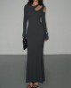 Hollow Solid Color Long Sleeves Skinny Cold Shoulder Maxi Dresses