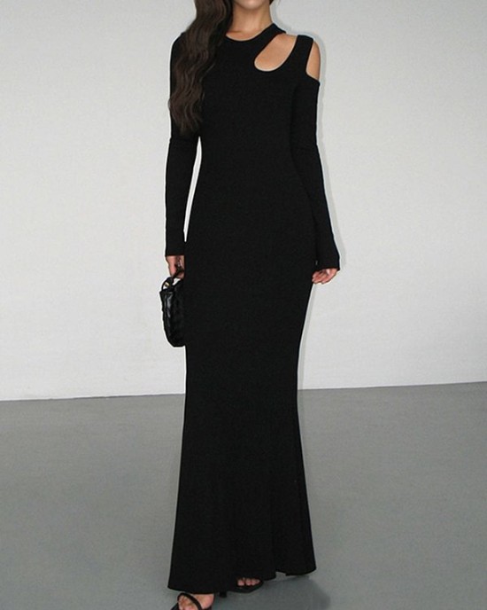 Hollow Solid Color Long Sleeves Skinny Cold Shoulder Maxi Dresses