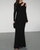 Hollow Solid Color Long Sleeves Skinny Cold Shoulder Maxi Dresses