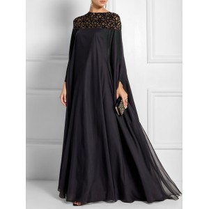 Batwing Sleeves Loose Jacquard See-Through Solid Color Split-Joint Three-Dimensional Flower Round-Neck Maxi Dresses