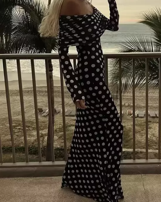 Pleated Polka-Dot Split-Joint Long Sleeves Skinny Tube Maxi Dresses