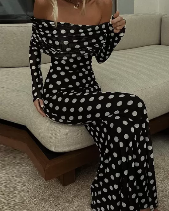 Pleated Polka-Dot Split-Joint Long Sleeves Skinny Tube Maxi Dresses