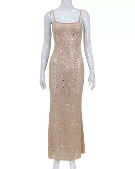 See-Through Sequined Split-Joint Bodycon Skinny Spaghetti-Neck Maxi Dresses