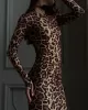 Leopard Printed Bodycon Long Sleeves Round-Neck Maxi Dresses