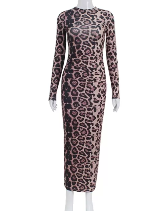 Leopard Printed Bodycon Long Sleeves Round-Neck Maxi Dresses