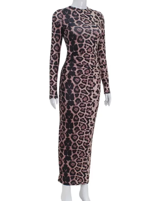 Leopard Printed Bodycon Long Sleeves Round-Neck Maxi Dresses