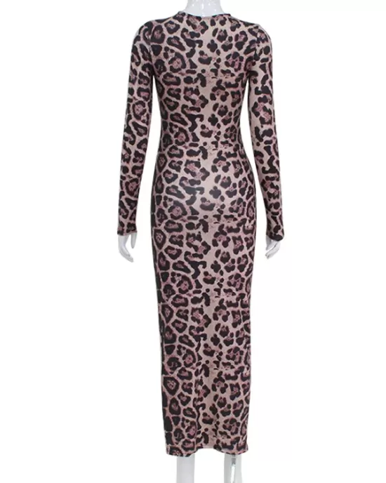 Leopard Printed Bodycon Long Sleeves Round-Neck Maxi Dresses