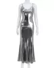 Shiny Solid Color Split-Joint Sleeveless Spaghetti-Neck Maxi Dresses