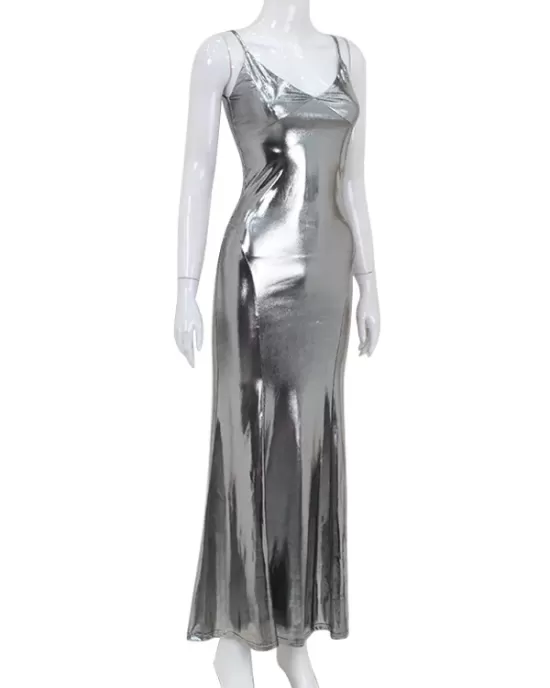 Shiny Solid Color Split-Joint Sleeveless Spaghetti-Neck Maxi Dresses