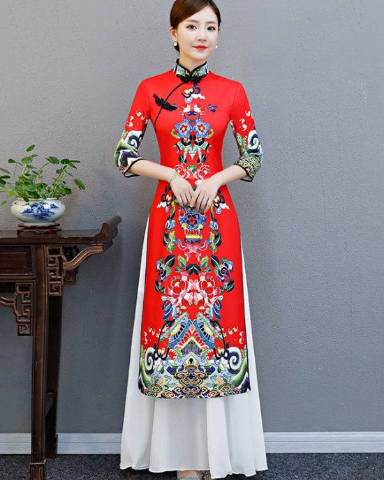 Red Split-Joint Seven-Quarter Sleeves Ao Dai Long Cheongsams