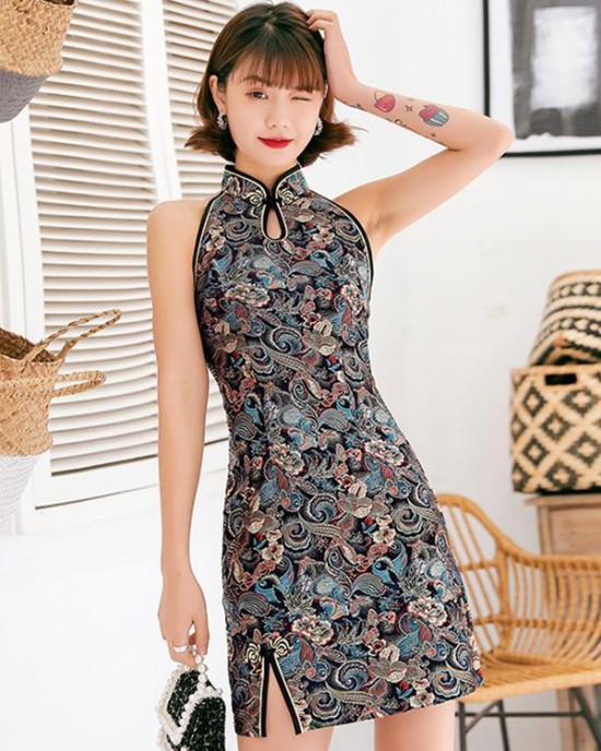 Original Floral Printed Stand Collar Sleeveless Short Cheongsams