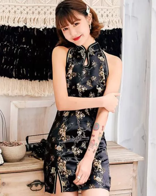 Original Floral Printed Stand Collar Sleeveless Short Cheongsams