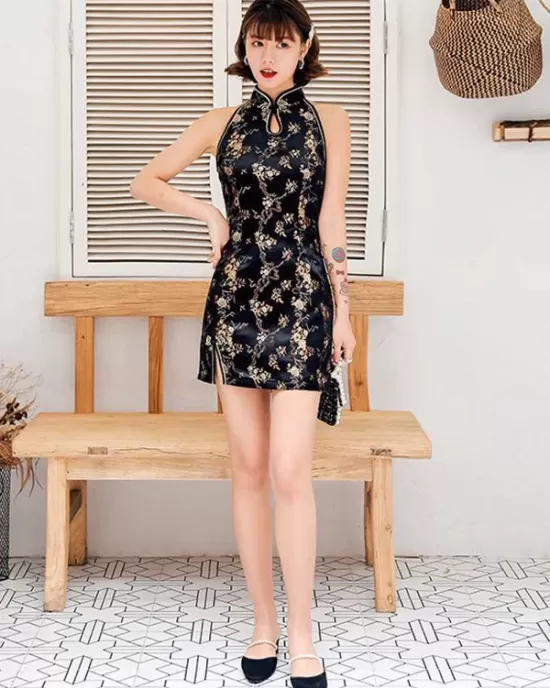 Original Floral Printed Stand Collar Sleeveless Short Cheongsams