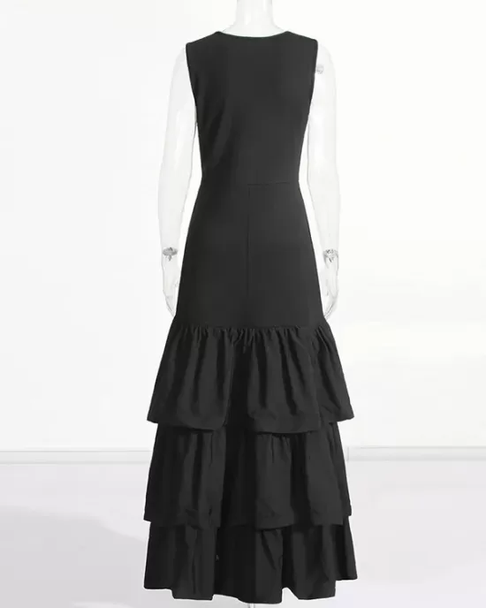 Layered Pleated Solid Color Split-Joint Zipper Bodycon High Waisted Round-Neck Maxi Dresses