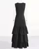 Layered Pleated Solid Color Split-Joint Zipper Bodycon High Waisted Round-Neck Maxi Dresses