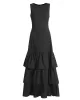 Layered Pleated Solid Color Split-Joint Zipper Bodycon High Waisted Round-Neck Maxi Dresses