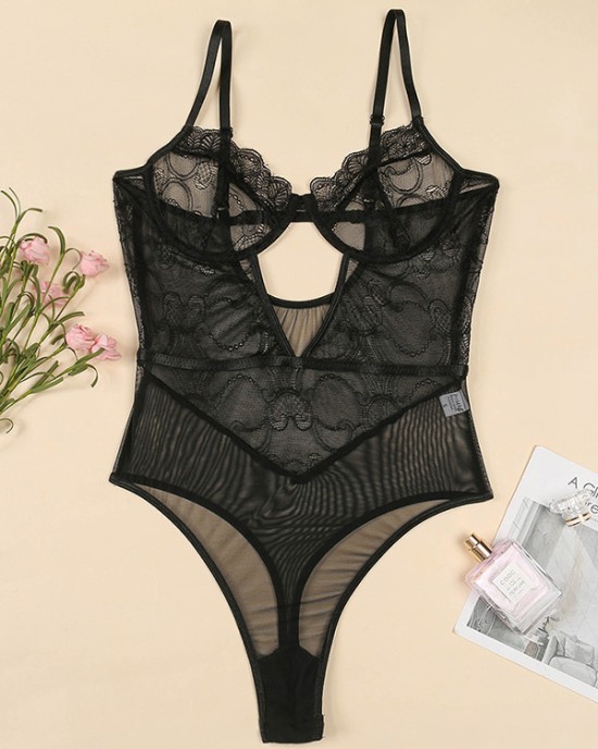 Sexy Lace Split-Joint Underwired Hollow Teddy Lingerie