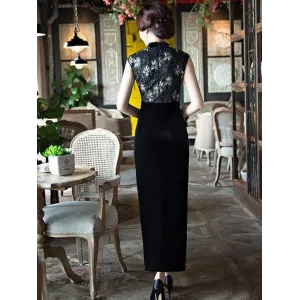 Black Velvet Lace Long Cheongsam Dress