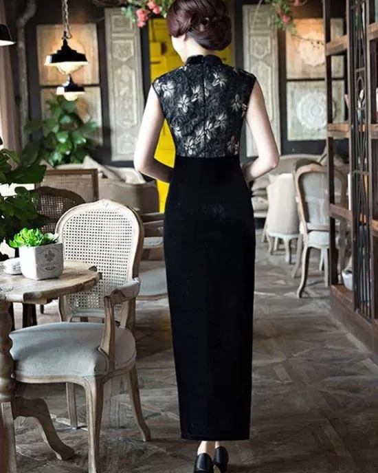 Black Velvet Lace Long Cheongsam Dress