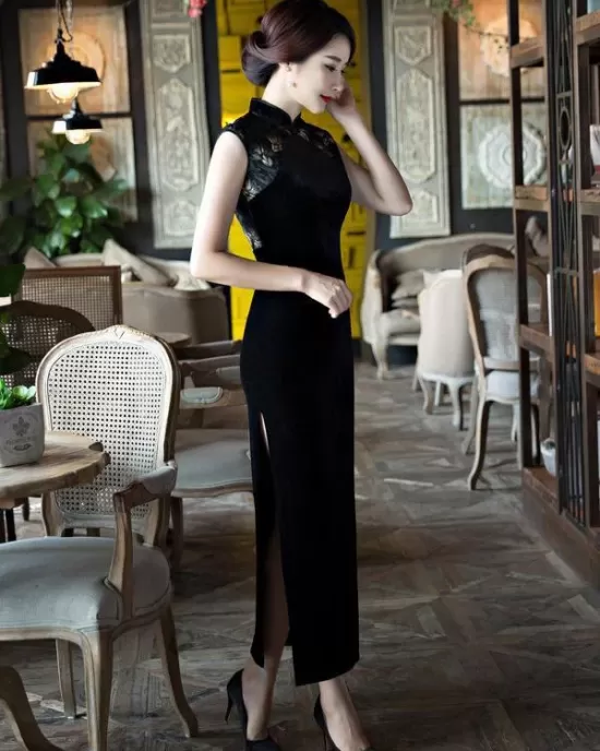 Black Velvet Lace Long Cheongsam Dress