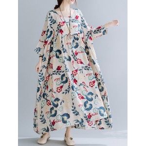 Casual Floral Printed Split-Joint Round-Neck Flared Batwing Sleeves Loose Maxi Dress