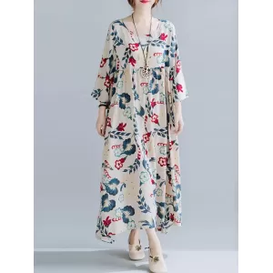 Casual Floral Printed Split-Joint Round-Neck Flared Batwing Sleeves Loose Maxi Dress