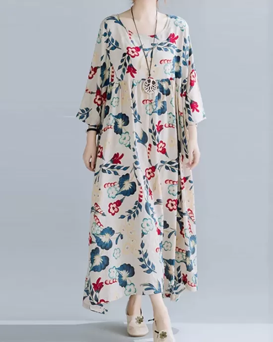 Casual Floral Printed Split-Joint Round-Neck Flared Batwing Sleeves Loose Maxi Dress