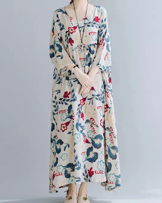 Casual Floral Printed Split-Joint Round-Neck Flared Batwing Sleeves Loose Maxi Dress