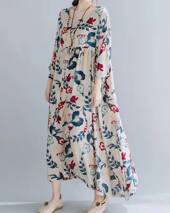 Casual Floral Printed Split-Joint Round-Neck Flared Batwing Sleeves Loose Maxi Dress