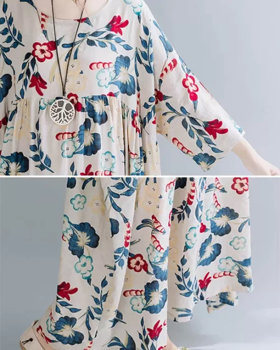 Casual Floral Printed Split-Joint Round-Neck Flared Batwing Sleeves Loose Maxi Dress