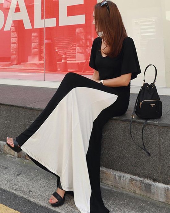 Black&White Split-joint V-neck Long Dress