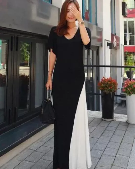 Black&White Split-joint V-neck Long Dress