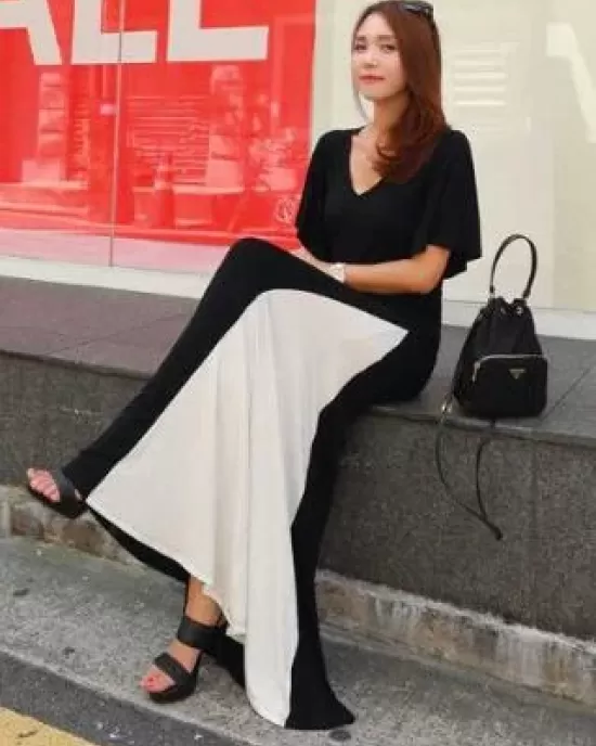 Black&White Split-joint V-neck Long Dress