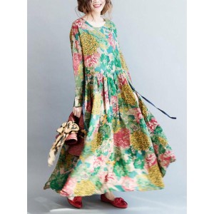 National Style Flower Printed Long Dress