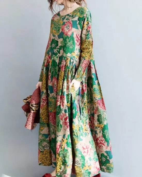 National Style Flower Printed Long Dress