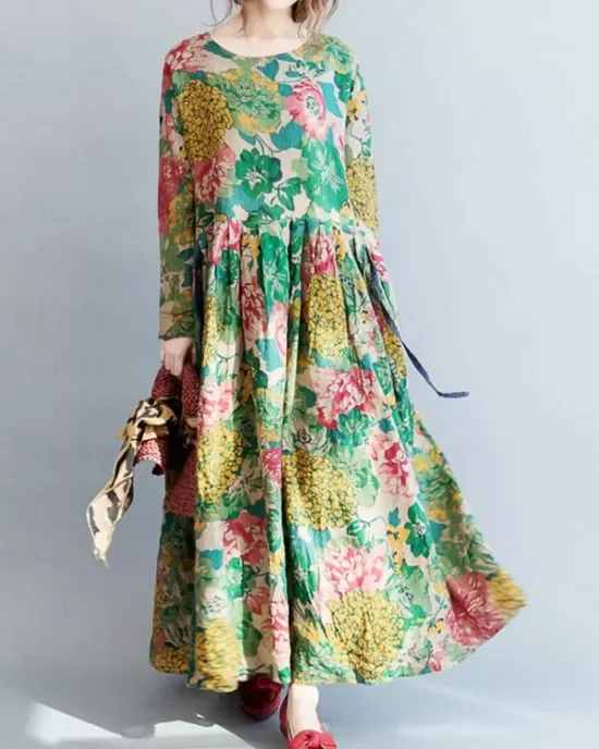 National Style Flower Printed Long Dress