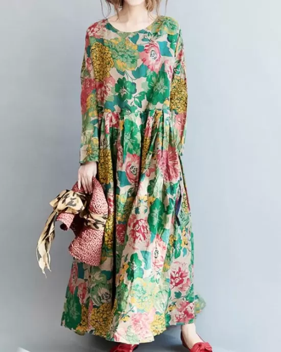 National Style Flower Printed Long Dress