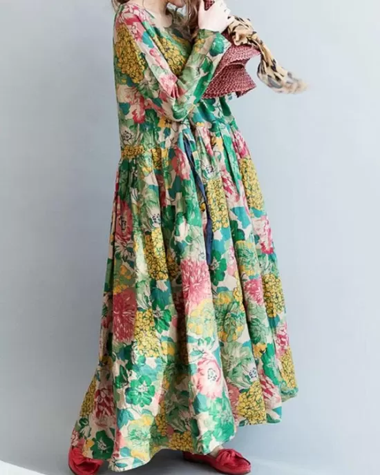 National Style Flower Printed Long Dress