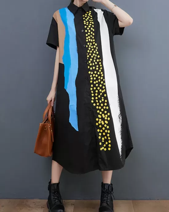 Artistic Retro Short Sleeves Loose Contrast Color Polka-Dot Lapel Collar Midi Shirt Dress