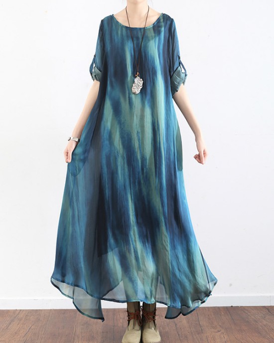 Artistic Retro 2 Pieces Printed Round-Neck Loose Maxi Dress