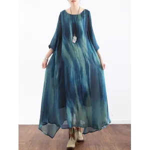 Artistic Retro 2 Pieces Printed Round-Neck Loose Maxi Dress