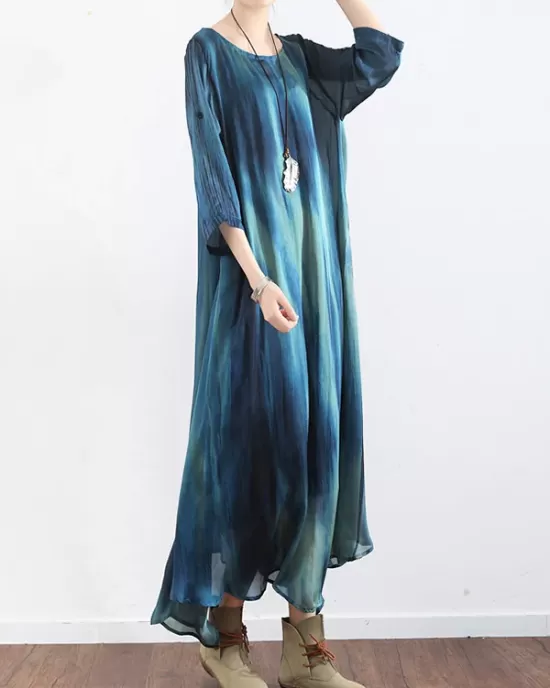 Artistic Retro 2 Pieces Printed Round-Neck Loose Maxi Dress